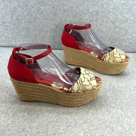 Tory Burch Sherri Floral Platform Espadrille Wedge Sandal - Red/White -Women 9 - Picture 4 of 10